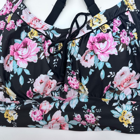 Bloomchic Floral Print Halter Tankini Top Plus Size 22-24 Black Pink Blue Yellow - Picture 4 of 11